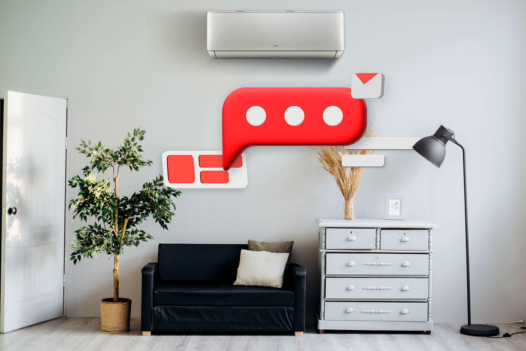 Bútorok, felettük lebegeő üzenet ikonokkal